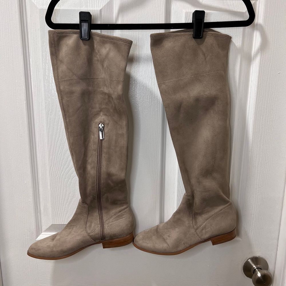 Calvin Klein Taupe Microfiber Over-the-Knee Boots Side Zip Flat Heel-8.5